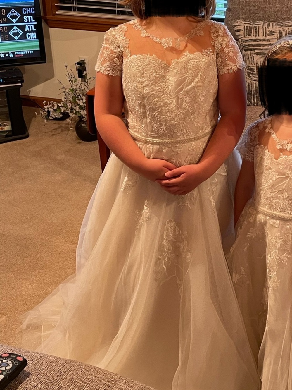 David's Bridal Ivory Lace Tulle Flower Girl Gown with Short Sleeves
